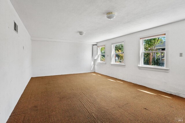 carpeted empty room featuring a textured ceiling