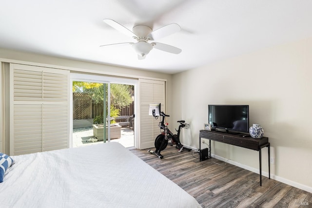 bedroom featuring access to exterior, wood-type flooring, and ceiling fan