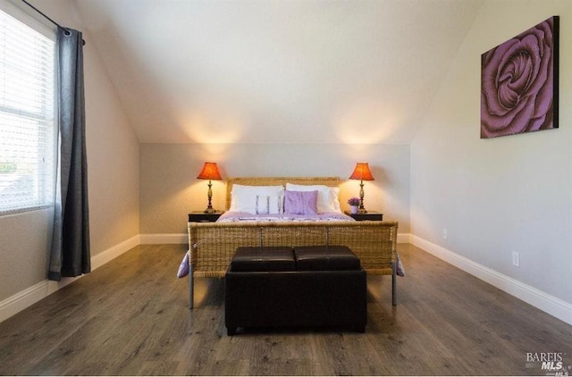 bedroom featuring lofted ceiling and dark wood-type flooring