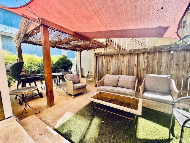 view of patio with an outdoor living space and a pergola