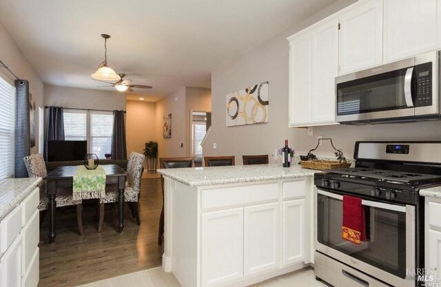 kitchen with kitchen peninsula, light hardwood / wood-style floors, pendant lighting, and stainless steel appliances