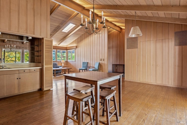 dining room featuring sink, beam ceiling, light hardwood / wood-style floors, and wood walls