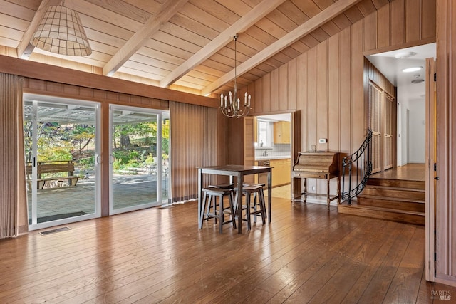 dining room featuring dark hardwood / wood-style flooring, vaulted ceiling with beams, a notable chandelier, and wooden walls