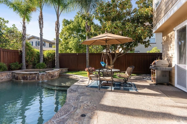 7 Oak Grove Dr, Novato, CA 94949 - view of swimming pool featuring outdoor dining area, a pool with connected hot tub, a patio area, a fenced backyard, and area for grilling