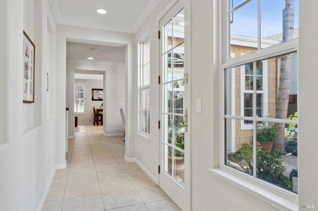 7 Oak Grove Dr, Novato, CA 94949 - hall featuring baseboards, light tile patterned floors, and ornamental molding