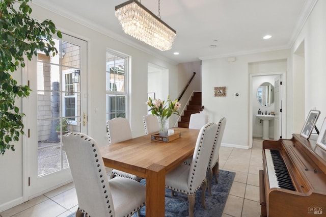 7 Oak Grove Dr, Novato, CA 94949 - dining area featuring light tile patterned floors, baseboards, ornamental molding, a notable chandelier, and stairs