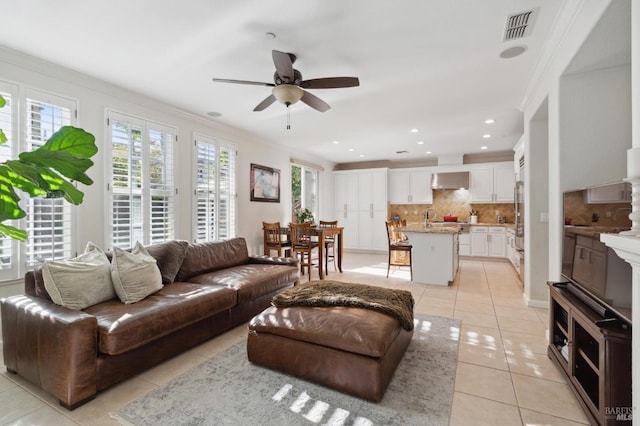 7 Oak Grove Dr, Novato, CA 94949 - living area with crown molding, light tile patterned flooring, visible vents, and ceiling fan