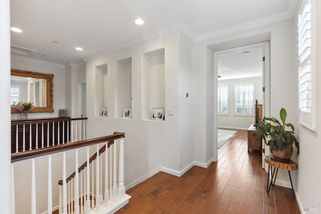 7 Oak Grove Dr, Novato, CA 94949 - hallway featuring crown molding, an upstairs landing, baseboards, wood-type flooring, and recessed lighting
