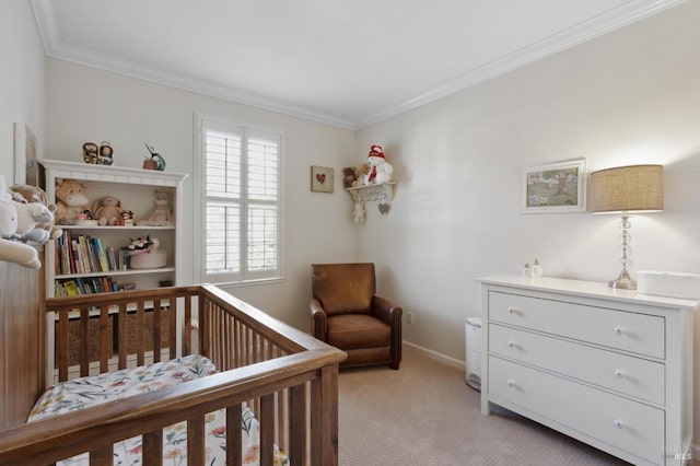 7 Oak Grove Dr, Novato, CA 94949 - bedroom with a crib, ornamental molding, baseboards, and light carpet