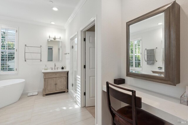 7 Oak Grove Dr, Novato, CA 94949 - full bathroom with tile patterned flooring, a freestanding tub, ornamental molding, vanity, and baseboards