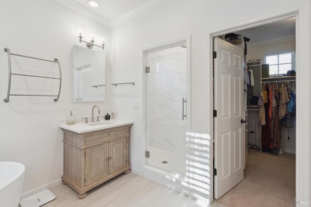 7 Oak Grove Dr, Novato, CA 94949 - bathroom featuring a walk in closet, a marble finish shower, crown molding, and vanity
