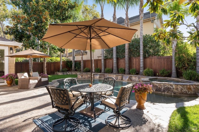 7 Oak Grove Dr, Novato, CA 94949 - view of patio / terrace featuring outdoor dining space, a fenced backyard, and an in ground hot tub