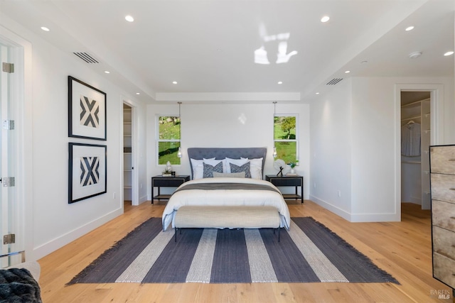 bedroom with multiple windows, a walk in closet, and light hardwood / wood-style floors