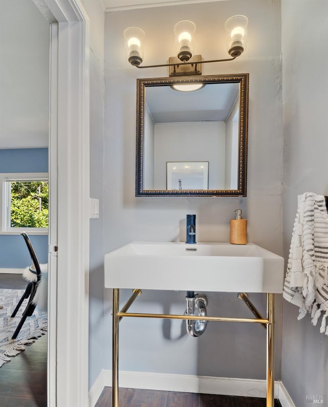 bathroom with a sink, baseboards, and wood finished floors