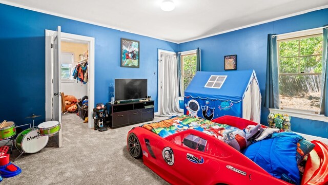 carpeted bedroom featuring multiple windows and a closet