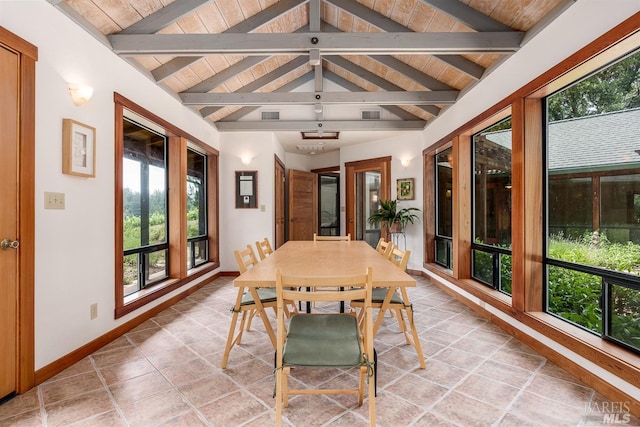 sunroom / solarium featuring lofted ceiling with beams and wooden ceiling