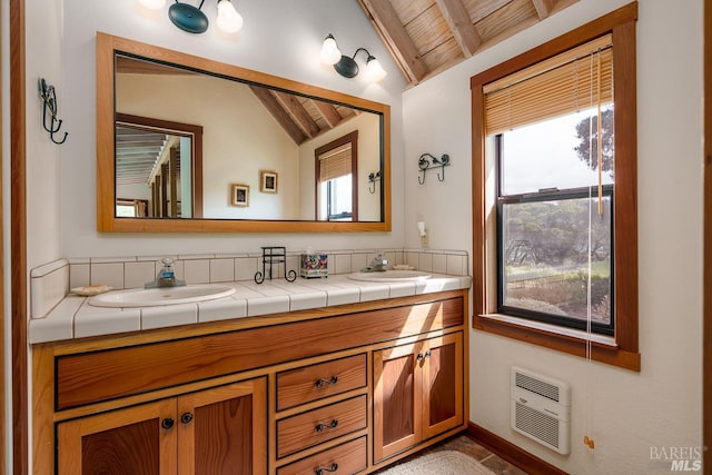 bathroom featuring wood ceiling, heating unit, vaulted ceiling with beams, and vanity