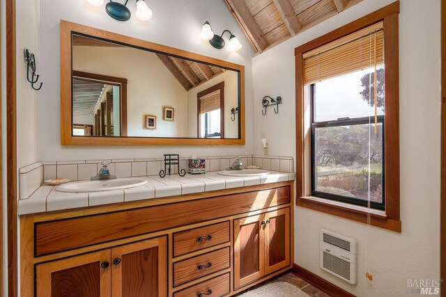 2151 Guntly Rd, Philo, CA 95466 - bathroom featuring wooden ceiling, plenty of natural light, heating unit, and double vanity