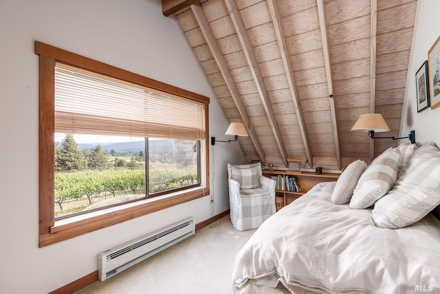 bedroom with a baseboard radiator, carpet, and lofted ceiling with beams