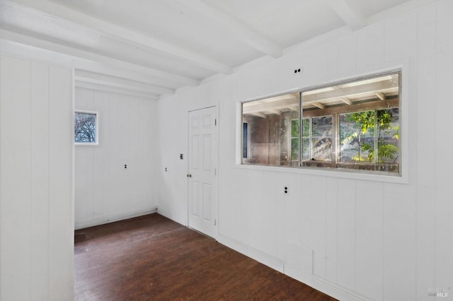 spare room with beamed ceiling, dark hardwood / wood-style floors, and wood walls