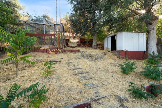 view of yard with a shed