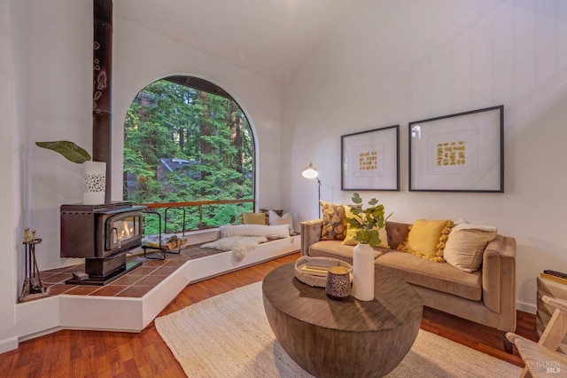 living room featuring vaulted ceiling, hardwood / wood-style floors, and a wood stove