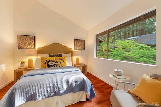 bedroom featuring lofted ceiling and dark hardwood / wood-style floors