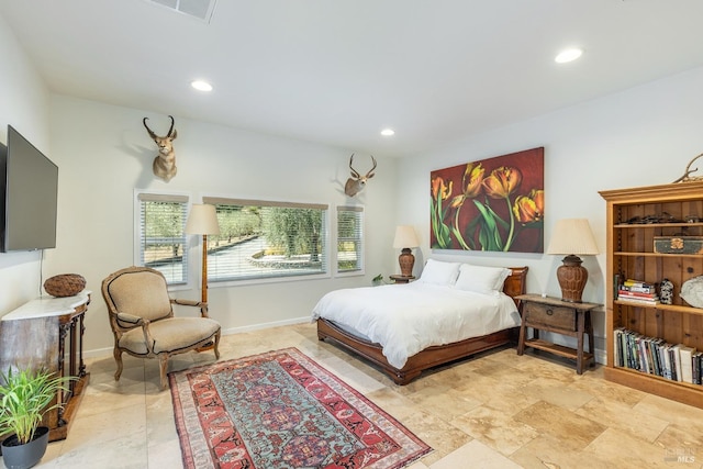 bedroom featuring recessed lighting, visible vents, and baseboards