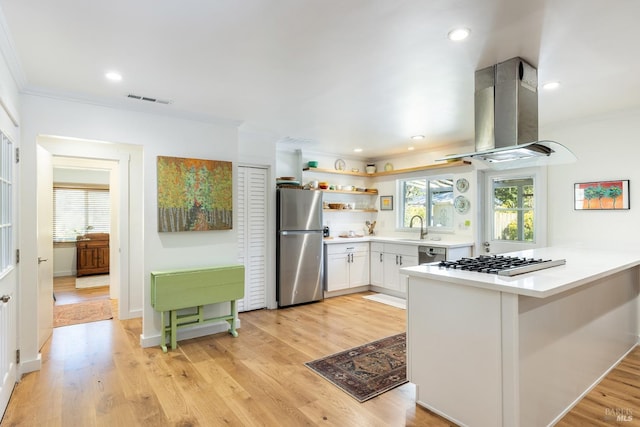 kitchen featuring open shelves, visible vents, appliances with stainless steel finishes, a sink, and island range hood