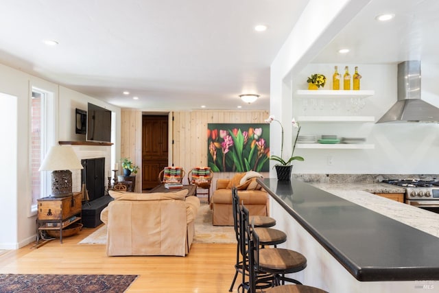 living area with light wood-type flooring, a fireplace with raised hearth, and recessed lighting