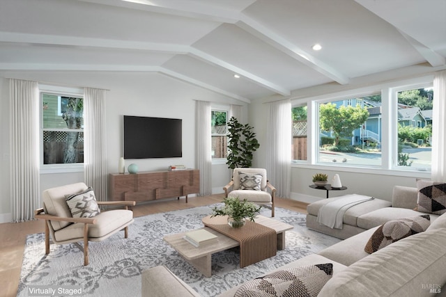 living room with lofted ceiling with beams, light wood finished floors, baseboards, and recessed lighting