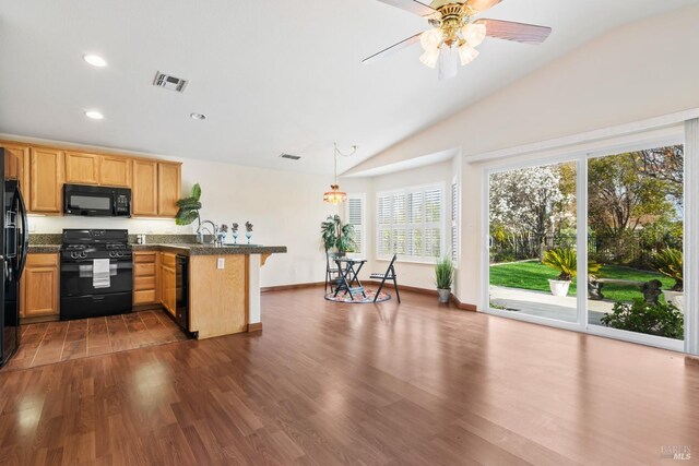 dining area with dark hardwood / wood-style floors and lofted ceiling