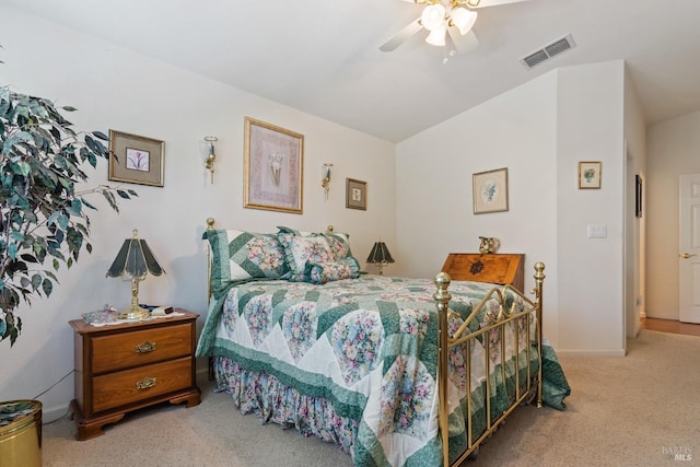 carpeted bedroom with ceiling fan, visible vents, and baseboards