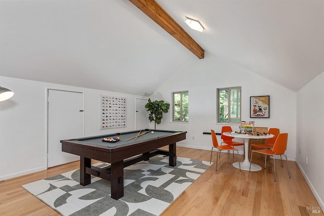 rec room featuring vaulted ceiling with beams, light hardwood / wood-style flooring, and pool table