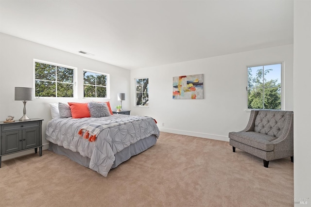 bedroom featuring multiple windows and light colored carpet