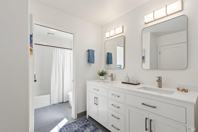 full bathroom featuring vanity, shower / bath combo, tile patterned floors, and toilet