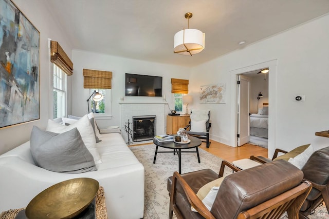 living room with a brick fireplace, light hardwood / wood-style floors, and a wealth of natural light