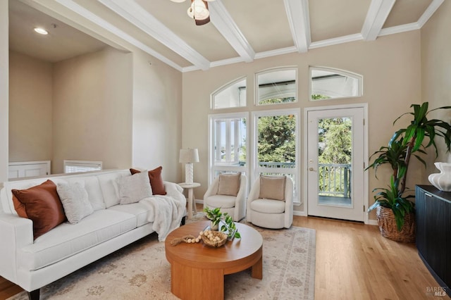 living room with beamed ceiling, ornamental molding, and light hardwood / wood-style flooring