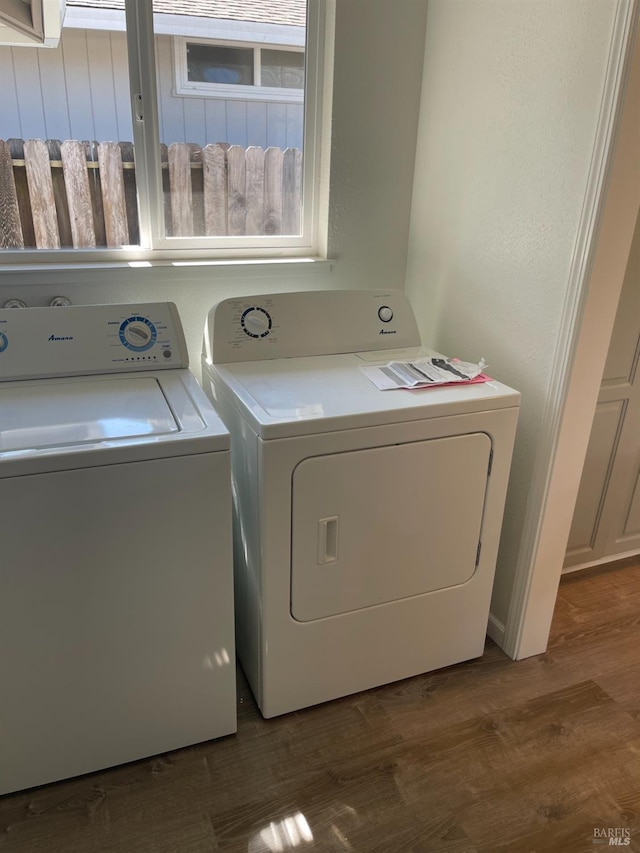 washroom featuring dark wood-type flooring, laundry area, and washing machine and dryer