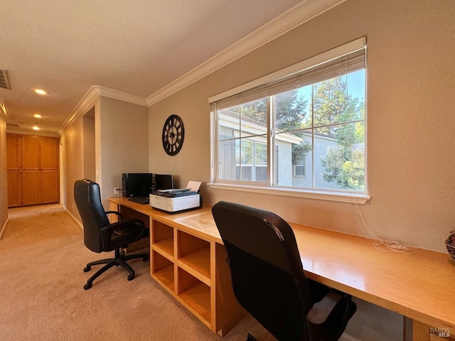 office area with light colored carpet and ornamental molding