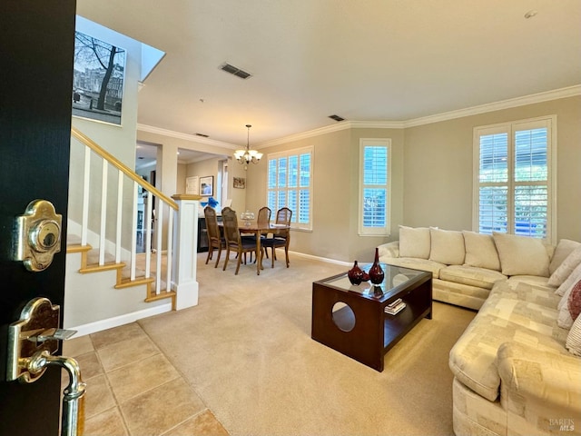 tiled living room featuring a chandelier and crown molding