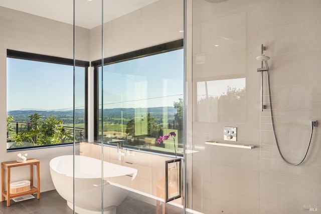 bathroom with a freestanding tub and tiled shower