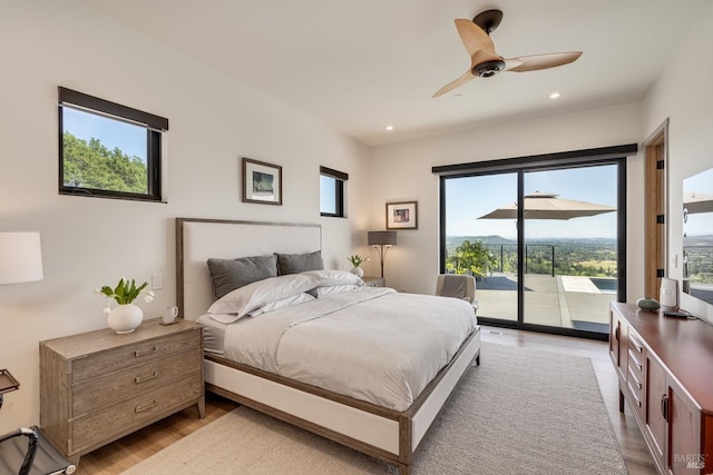 bedroom with ceiling fan, access to outside, light wood finished floors, and recessed lighting