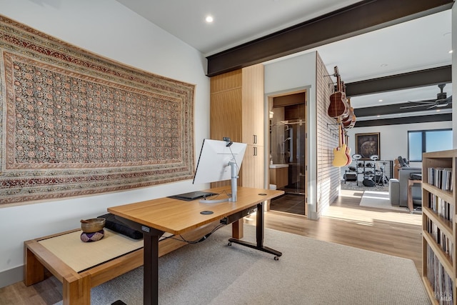 office with light wood finished floors, recessed lighting, and a ceiling fan