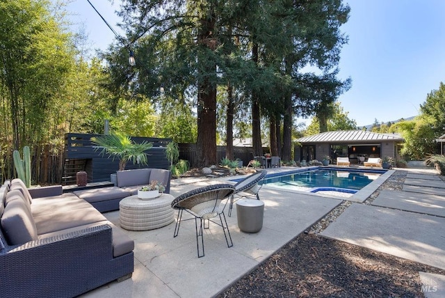 view of pool with a fenced backyard, a fenced in pool, an outdoor hangout area, and a patio