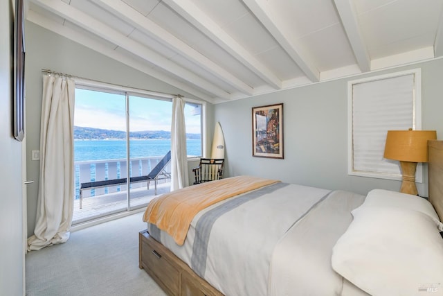 bedroom with a water view, lofted ceiling with beams, light carpet, and access to exterior