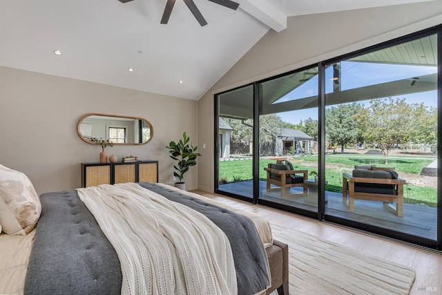 bedroom featuring access to outside, ceiling fan, lofted ceiling with beams, and light wood-type flooring