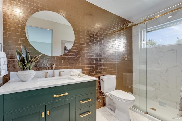 bathroom with vanity, toilet, and a shower with shower door