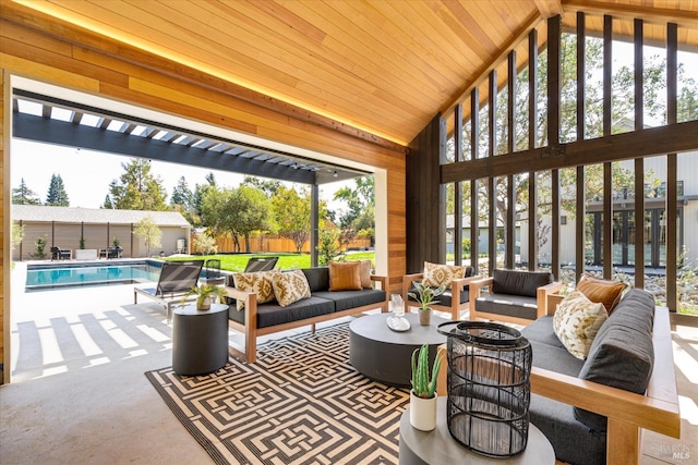 sunroom with a pool, vaulted ceiling, and wooden ceiling