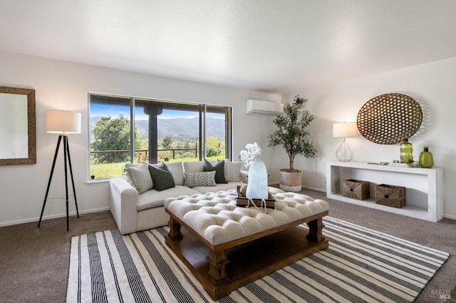 living room featuring a wall mounted AC and carpet